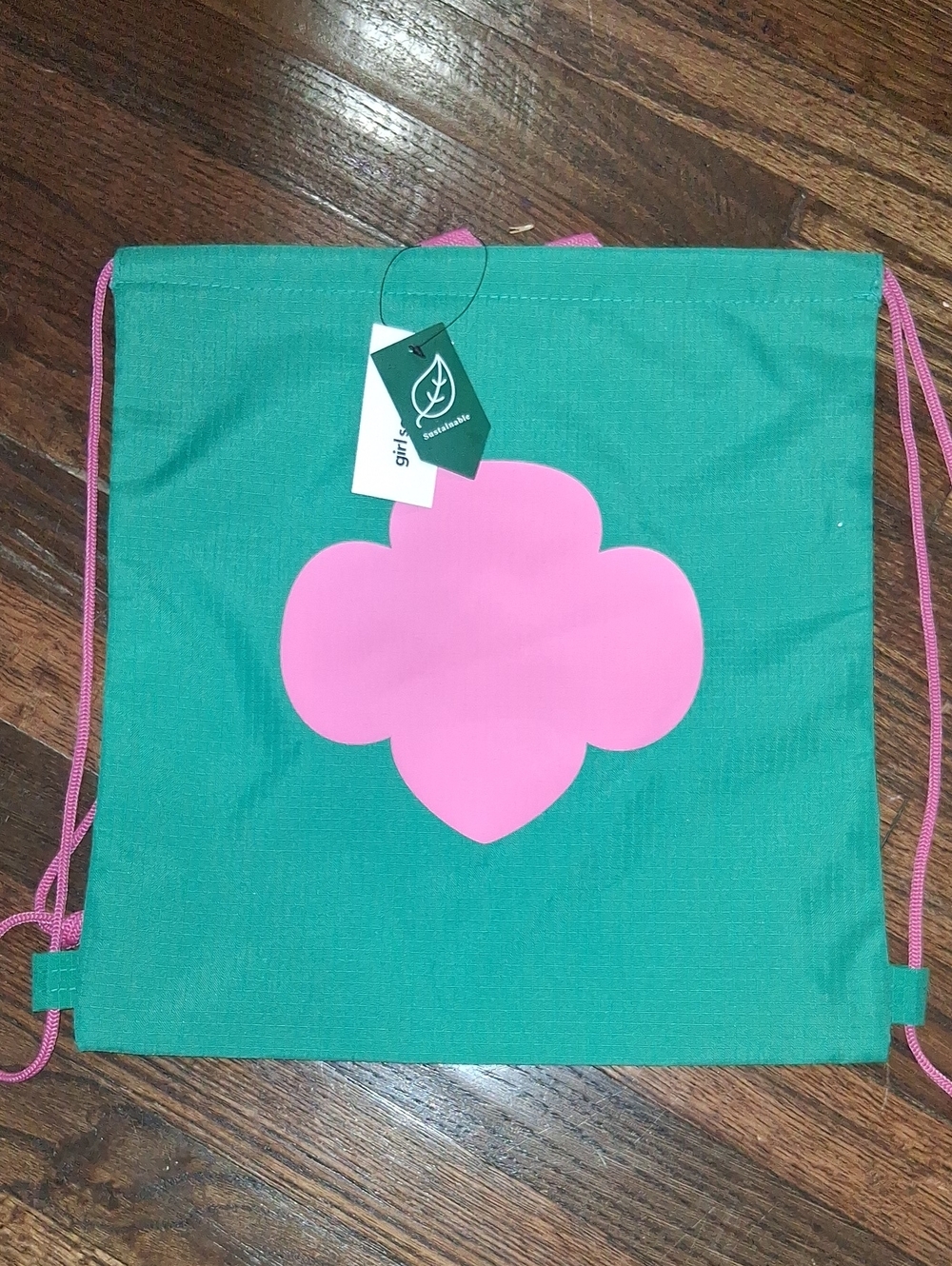 3 Green Drawstring Backpack with Pink Clover Graphic Girl Scouts